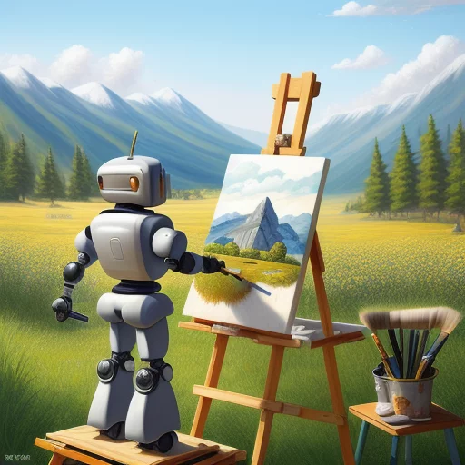 7738019865-a detailed futuristic (robot_1.2) holding a paintbrush in hand is (performing painting) of a landscape on an easel, back view, a.webp